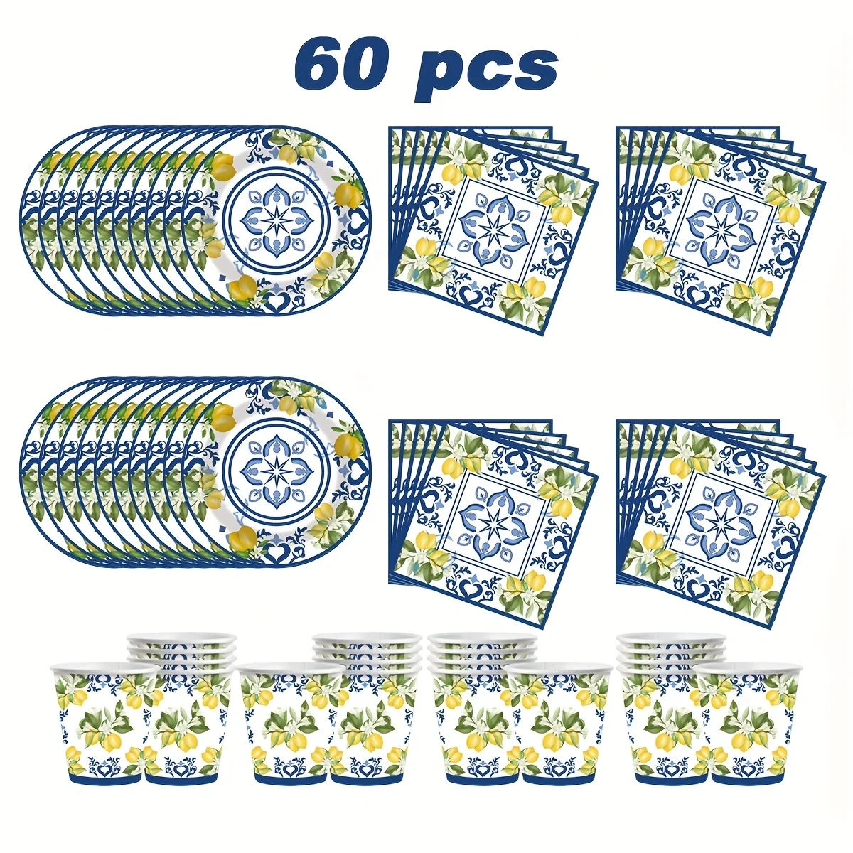 Ensemble de vaisselle jetable élégant pour anniversaire au thème citron, 60 pièces, assiettes en papier, gobelets, serviettes pour les fournitures de fête de mariage d'été