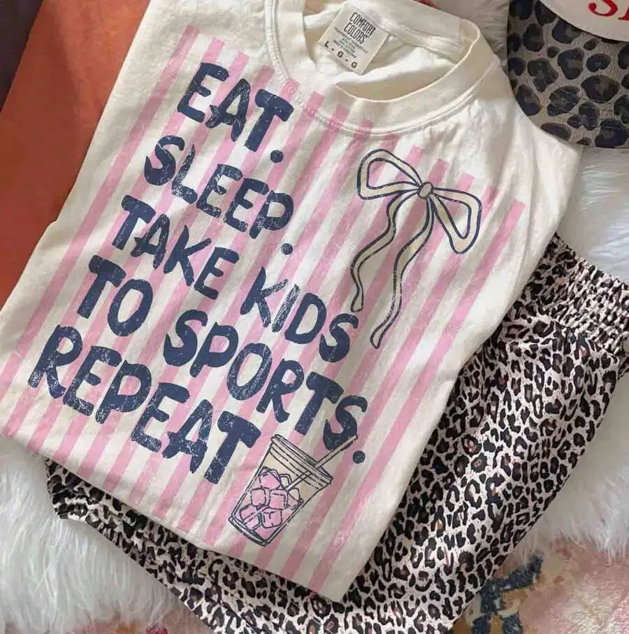 Women's Aesthetic Graphic Tee Striped Theme Eat Drink Play Exercise Print Crew Neck Short Sleeve Casual Top For Daily Wear Gift For Her