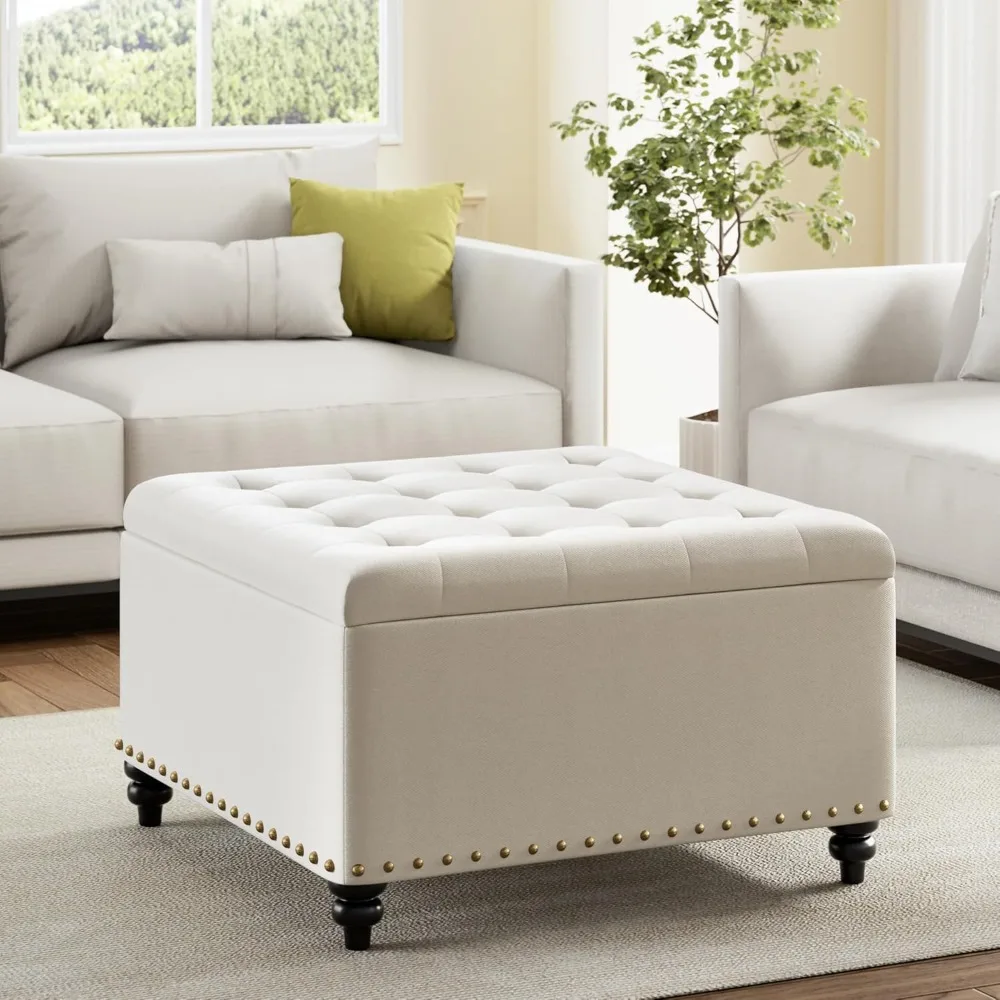 Square storage footstool, footstool coffee table with storage cupboard, tufted storage footstool for living room