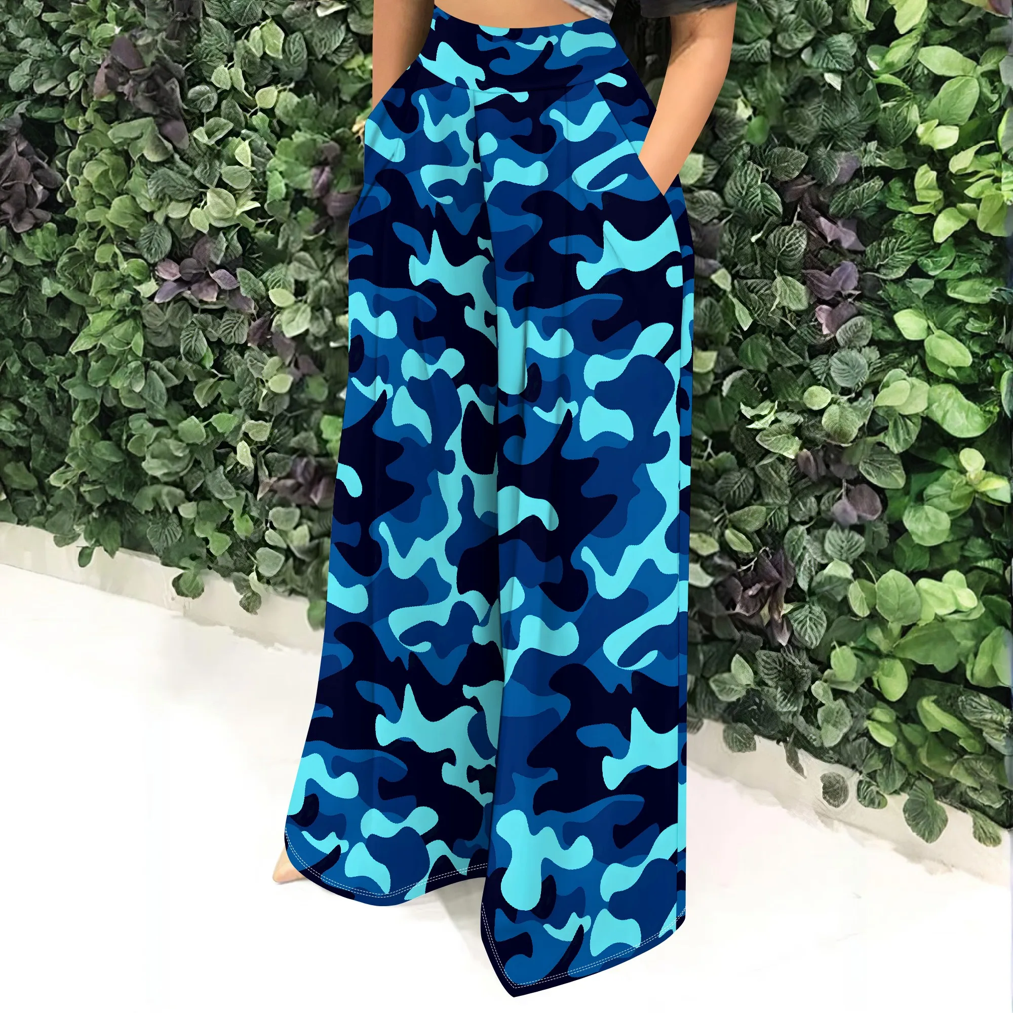 Blue Camo Wide Leg Pants, High Waist Palazzo Trousers, Casual Loose Fit Bottoms with Pockets, Lounge Streetwear for Women, S-2XL