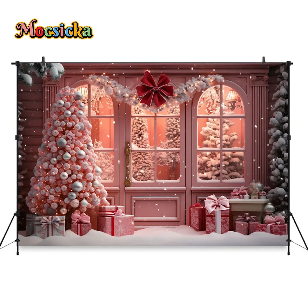 Fondo de fotografía sueño rosa tienda de Navidad decoración de puerta brillo bola de Navidad árbol fondo invierno chica fiesta regalo fotomatones