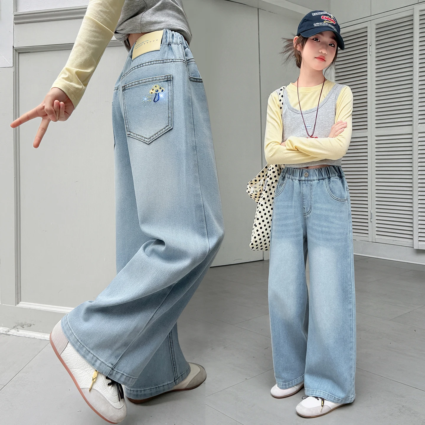 2026 Jeans Harajuku 2000s Y2K Wide Leg Pants Loose for Girls Trouser With Mushroom Embroidery Kids Street Style Students 4-14Y