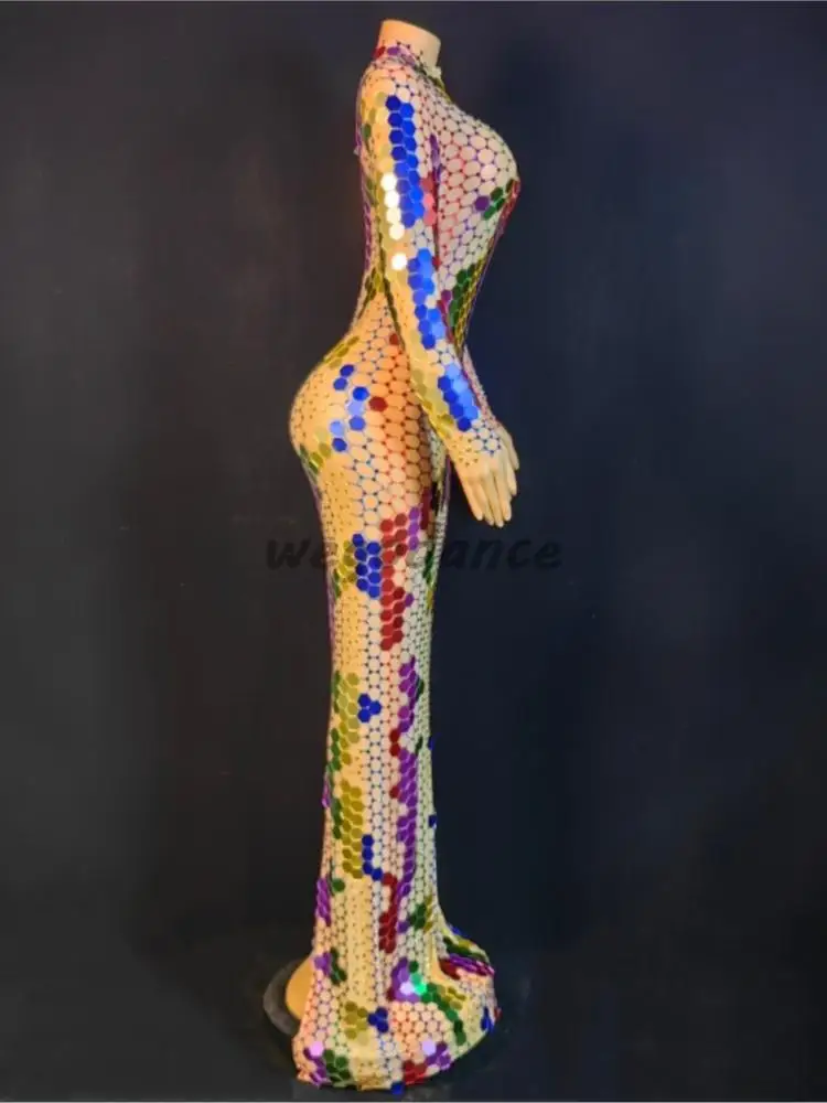 Party Model Mesh Colorful Mirrors Rhinestones Wrap Hip Long Dress Performance Costume For Woman
