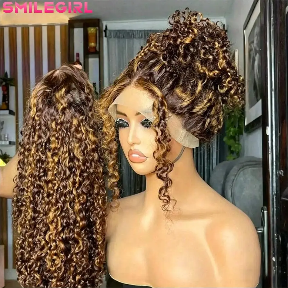 

Highlight Ombre 360 Full Lace Wig Curly Deep Wave 13X4 Lace Front Wigs Human Hair With Invisible String Pre Plucked Pre Bleached 36 Inch With Natural Hair Line