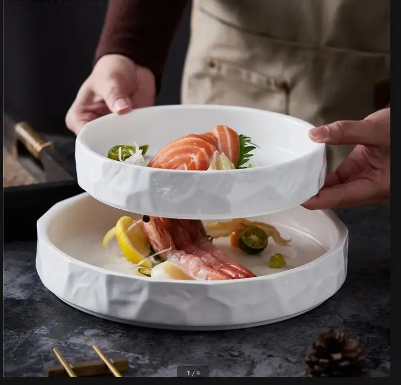 

Круглая белая керамическая тарелка, обеденная посуда в стиле вестерн, тарелки для стейка, миска для фруктового салата, суп, десертная форма для торта, посуда