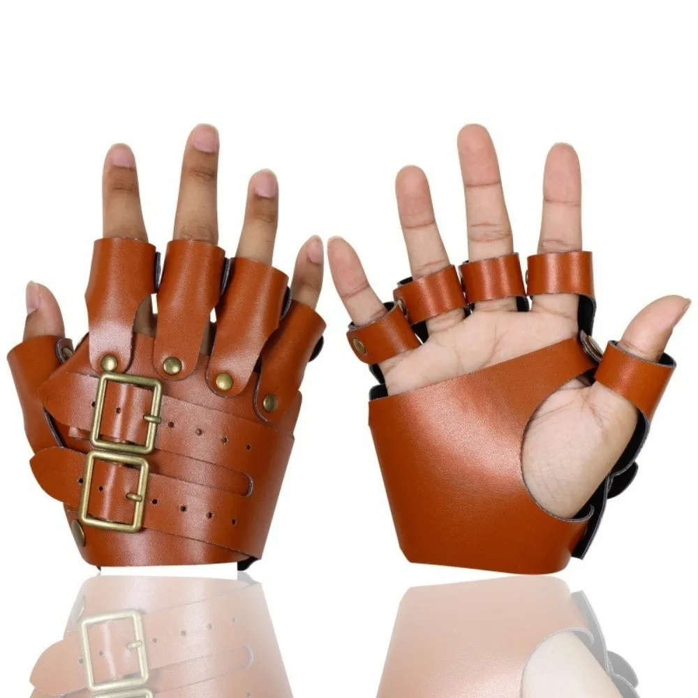 Vintage Faux Fur Fingerless Gloves Adjustable Buckle Warm PU Leather Mittens Realistic Furry Gauntlet Role‑play Party