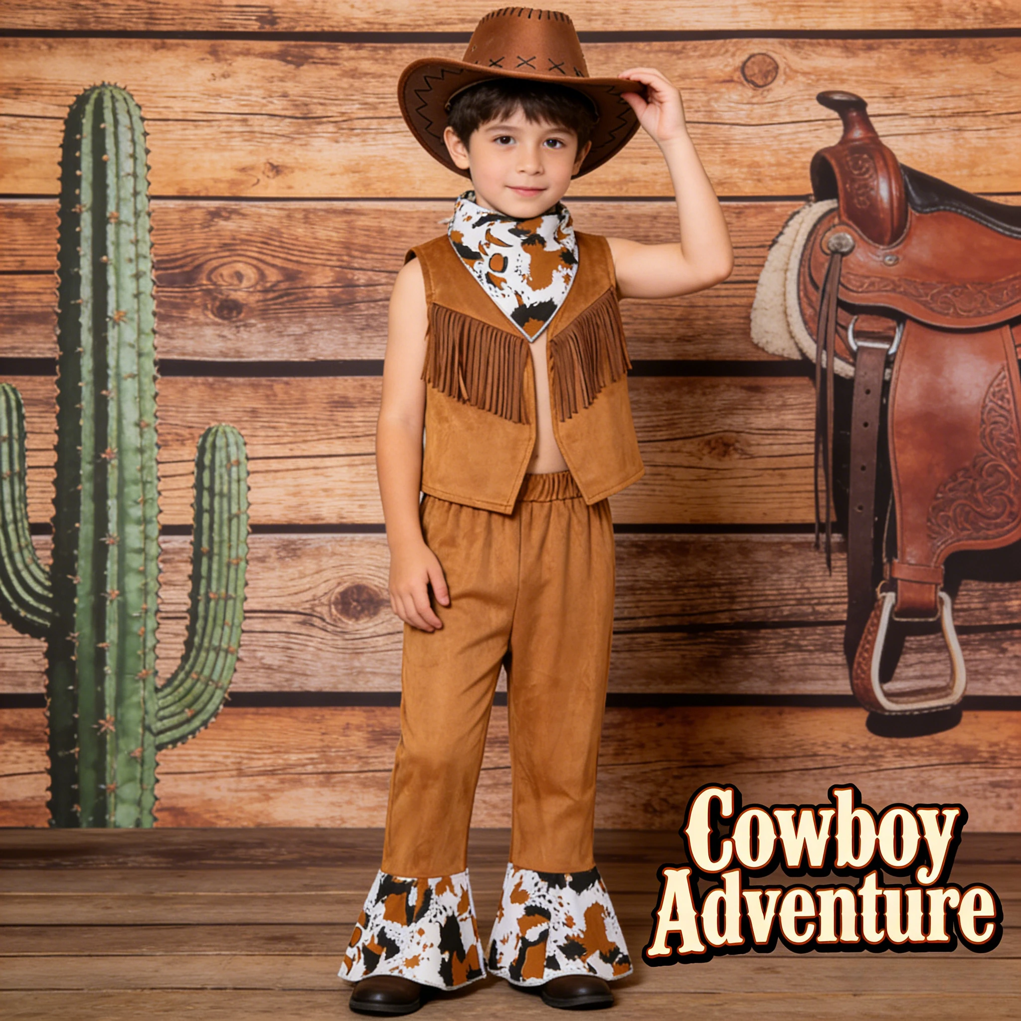 Kids Role Play Costume Western Tassel Vest 4PCS Set with Hat Stage Performance Outfit