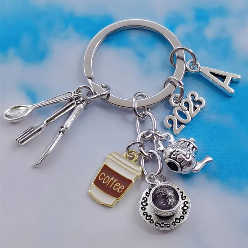 New Fashion A-Z Letter Keychain Kitchen Tableware Knife Spoon Metal Keychain Coffee Cup Tea Pot Pendant Afternoon Tea Car Key