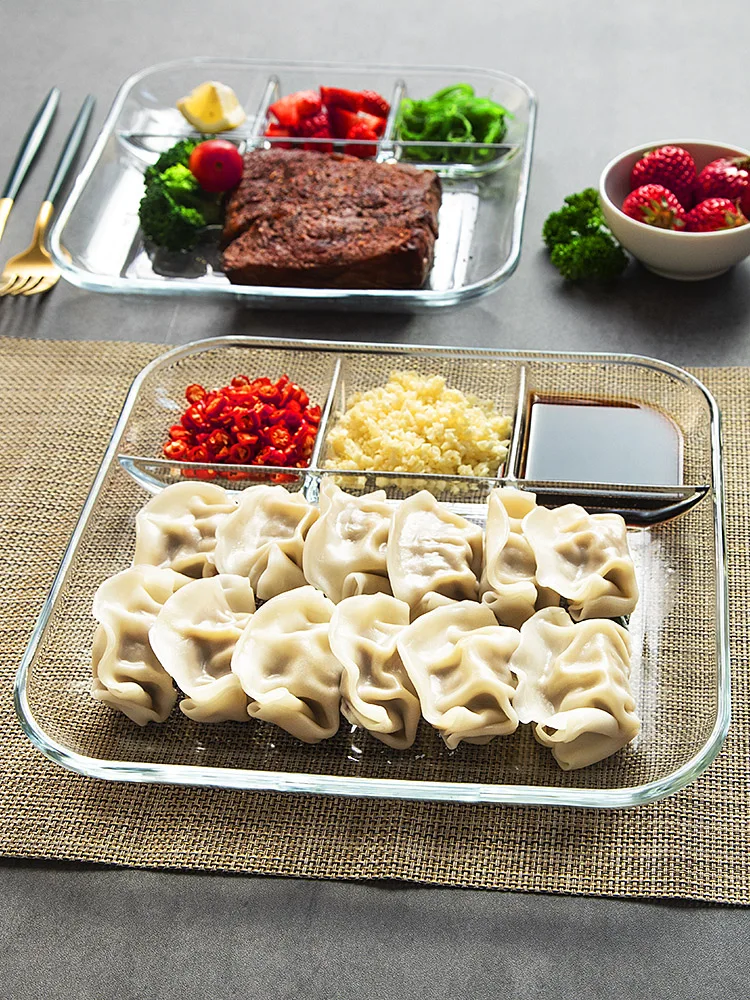 

Sharing Plate Sushi Plates Clear Glass Dumpling Plates 4 Grids Vinegar Dish Sauce Compartment Japanese Plates Dip for Dumpling
