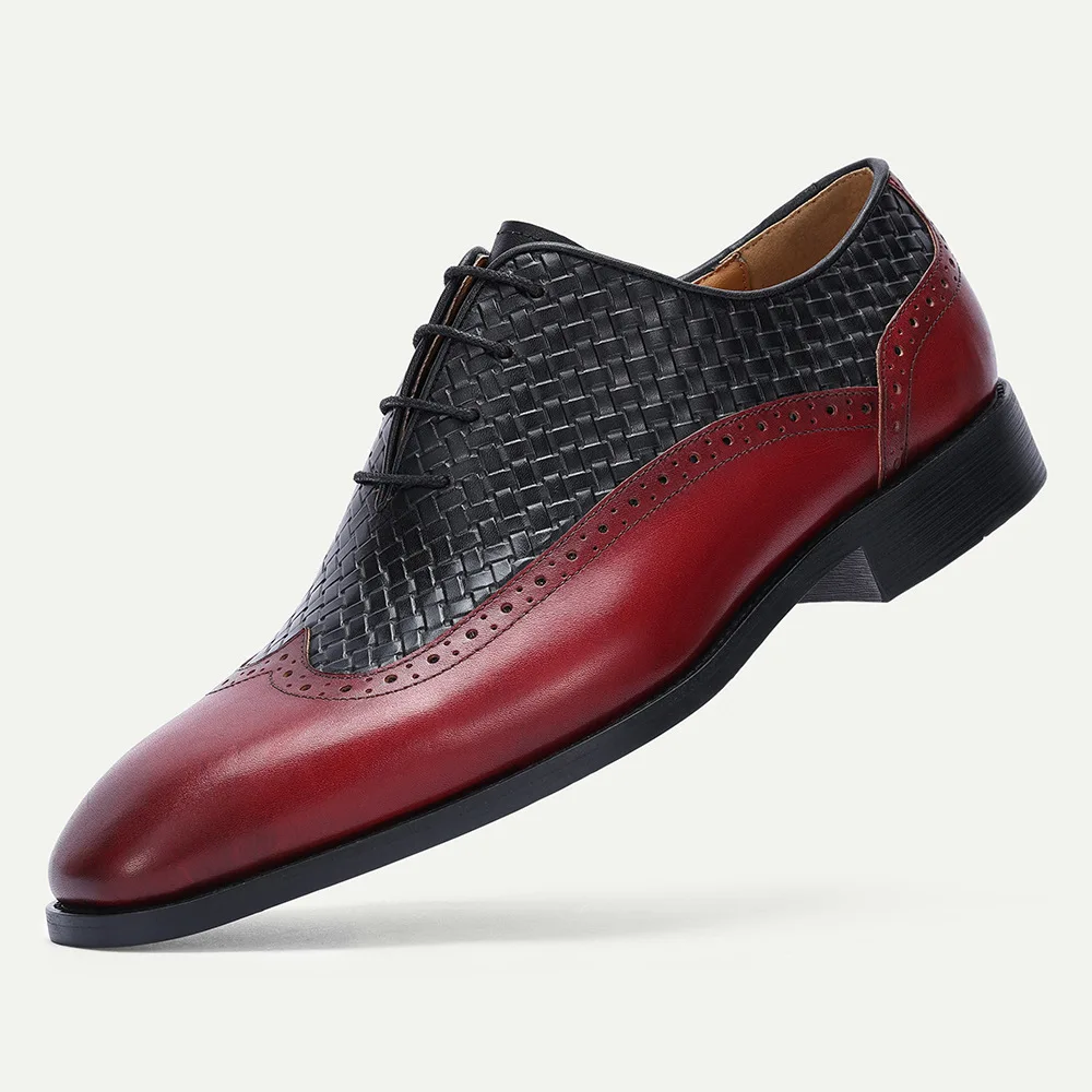 Men Fashion Classic Red Black Color Scheme Gentlemen's Oxford Shoes Genuine Leather Suede Woven Pattern Embossed Business Formal