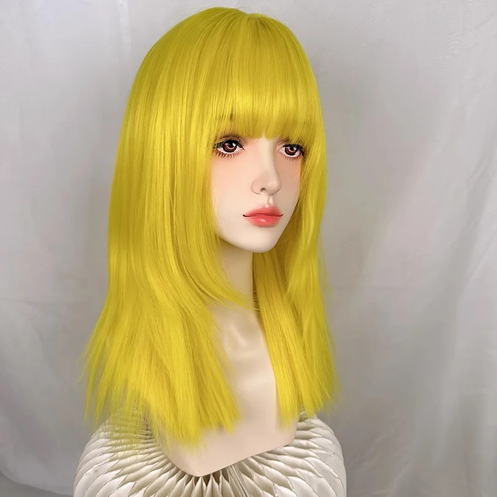 Synthetic Long Straight Yellow Women Wig with Bangs Fluffy Lolita Cosplay Heat Resistant Wig for Daily Party