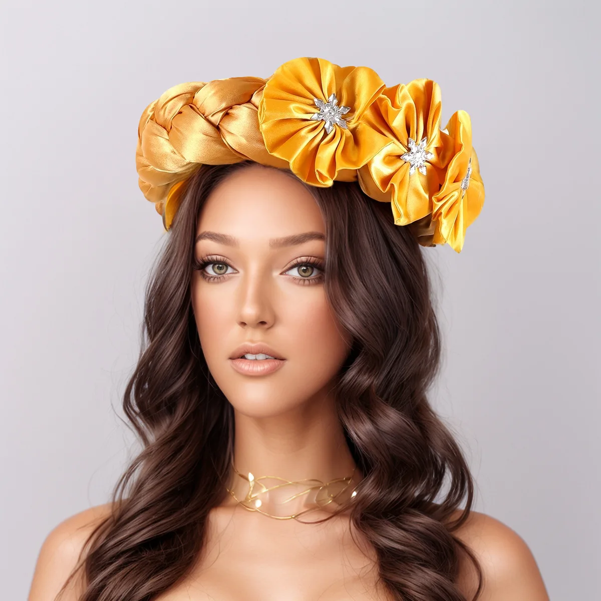 

Cross-border New Women's Satin Bone Braid Hairband with Satin Flower Elastic Hairband