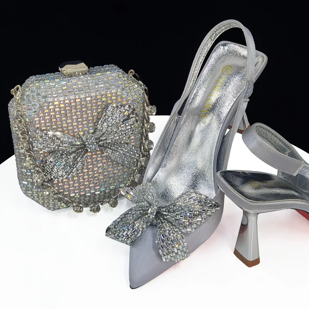 

2025 Large Size Women's Shoes Women's Pointed Women's Shoes Thin Heels Rhinestone Flower Head Bag Shoe And Bag Combination Set