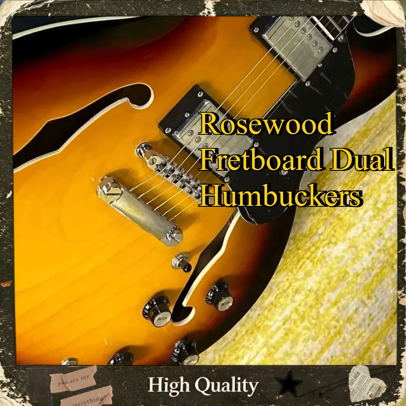 Sunburst 335 Semi-Hollow Jazz Electric Guitar Rosewood Fretboard Dual Humbuckers Jazz Blues Black Pickguard Chrome Hardware