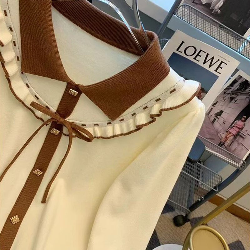 Otoño Invierno mujer suéter moda volantes manga larga arco solo pecho suelto básico suéter rojo Navidad