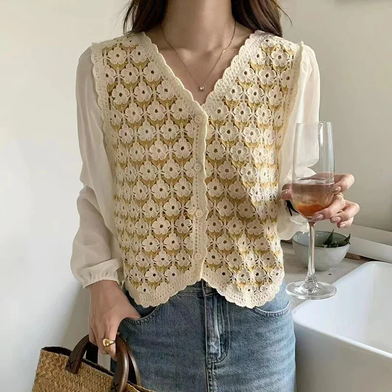 

Вязаный крючком топ с цветочным принтом и длинными рукавами на пуговицах, шифоновая ажурная блузка с рукавами для женщин, летняя блузка в стиле бохо для девочек-подростков, шикарный сказочный наряд