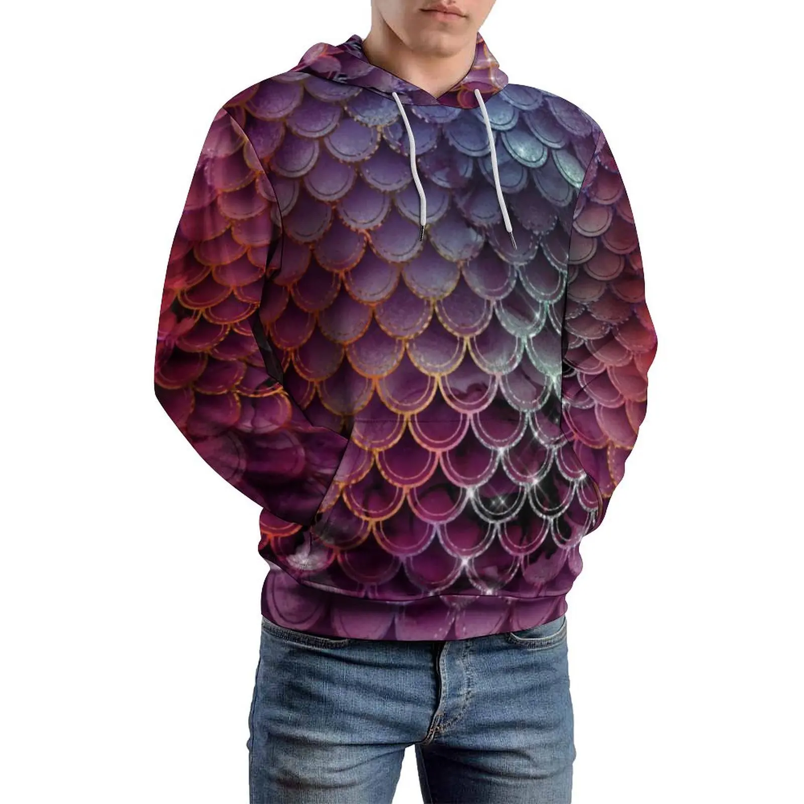 Ombre Glitter Print Loose Hoodies Shiny Mermaid Scales Retro Hoodie Man Long Sleeve Oversize Classic Graphic Sweatshirts