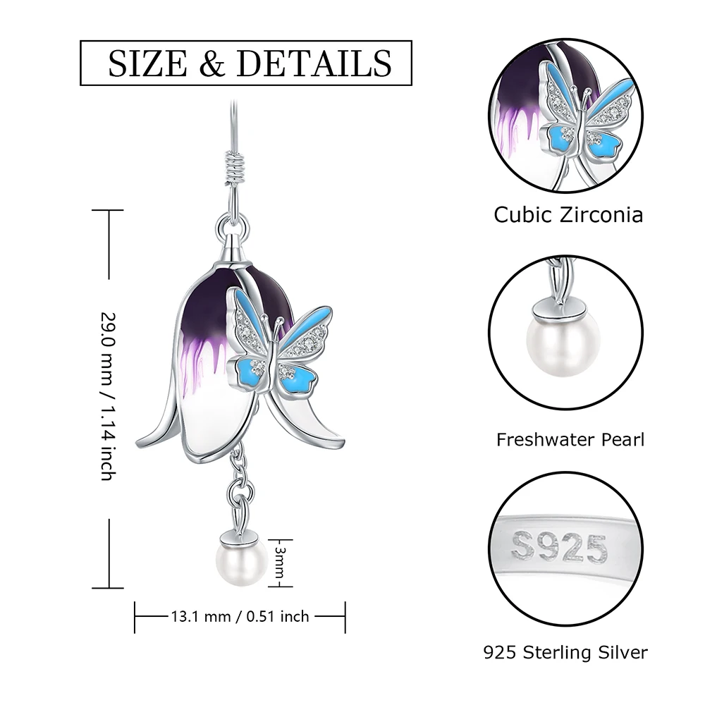 Boucles d'oreilles pendantes en argent regardé 925 pour femmes et filles, fleur de cloche violette, papillon floral, perles d'eau douce, bijoux cadeaux