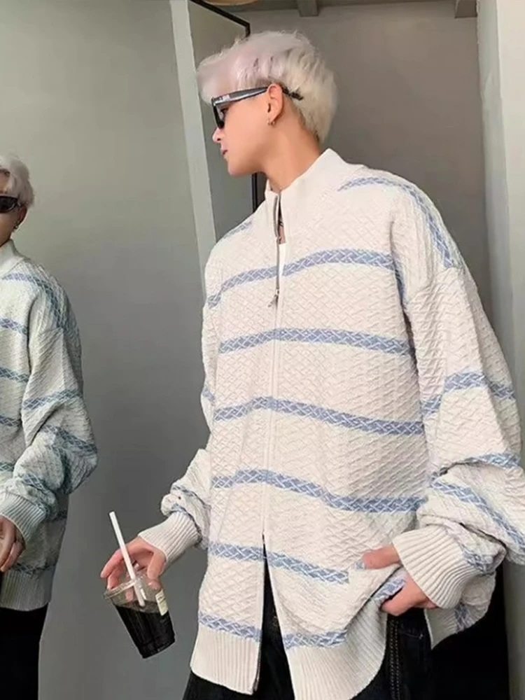 

Свободный крой, мужской вязаный кардиган, свитер, осенний повседневный цветной свитер в полоску, воротник-стойка, длинный свек, мягкий полиэстер