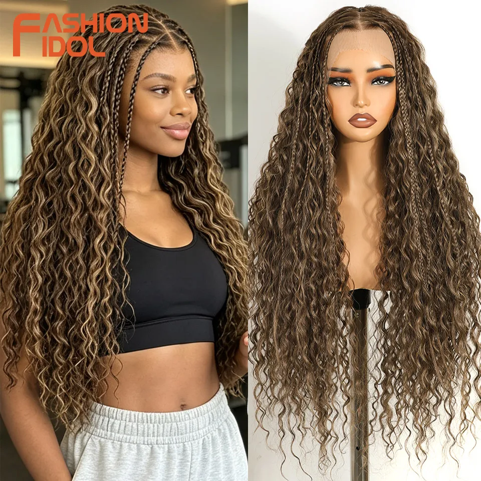 FASHION IDOL Twist Box Braided Lace Wigs Synthetic Brown 13X4 Lace Frontal Wigs For Black Women Goddess Faux Locs Braids Wigs