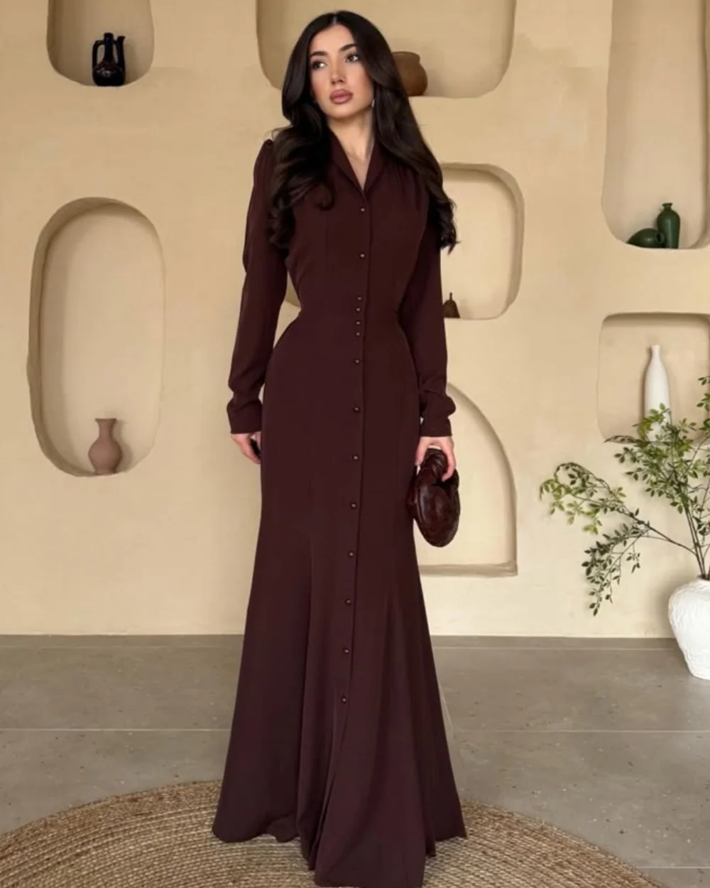 

Customized Modern Style Women Jersey Beading Pleat Mermaid Evening Dresses Retro V-neck Long Sleeves Floor Lenght Prom Dresses