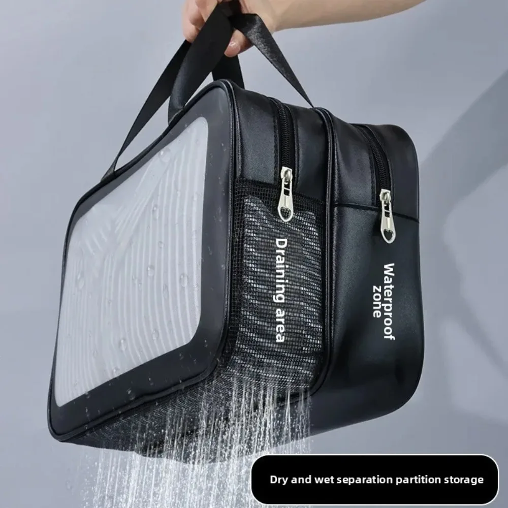 Large Capacity Transparent Double-Layer Travel Wash Bag Frosted PU Handheld Dry Wet Separation Bath Storage Bag Portable GF32