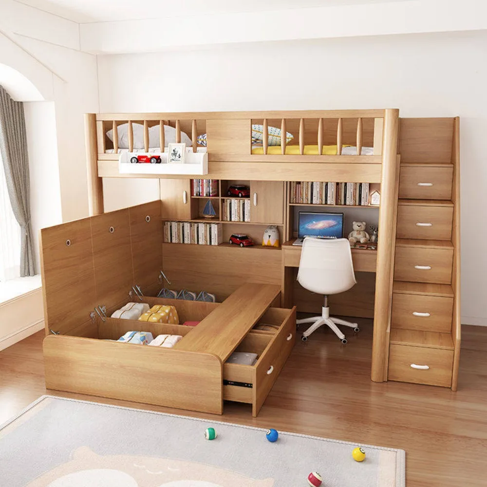 Staggered Solid Wood Bunk Bed with Desk Integrated Home Office Guest Room High Storage Cabinet Modern Space Saver Furniture Set