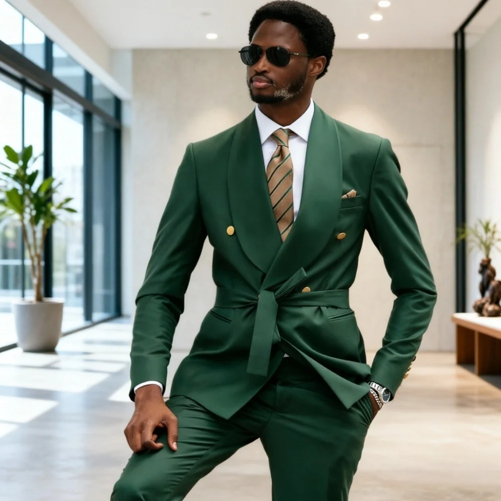 

Wedding Suits For Men Double Breasted Modern Business Casual Green Suit Sharp Formal Tuxedo for Office Interview 2 Pieces Custom