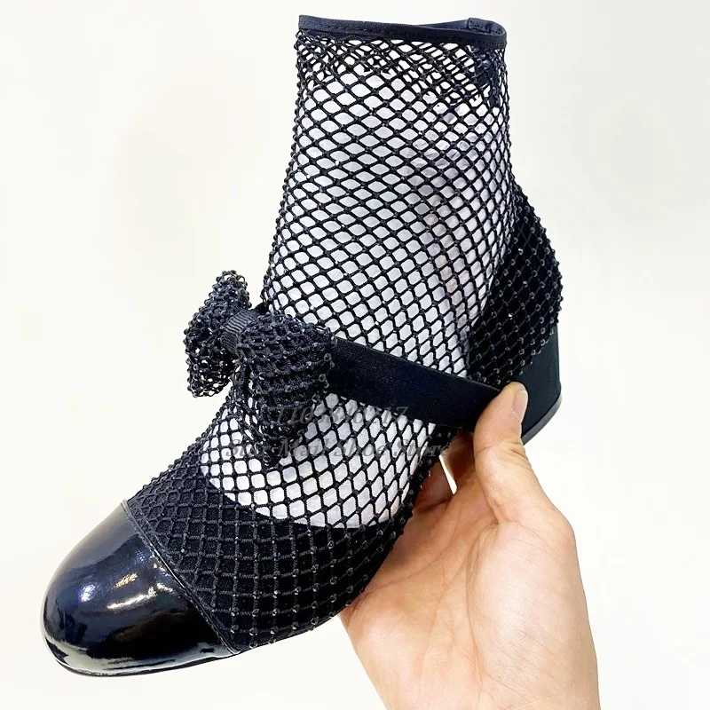 Rhinestone Sexy Mesh Boots Bow Colored Diamond Chunky Heel Sandal Summer Fashion Round Toe Concise Women Shoe Low Tube High Tube