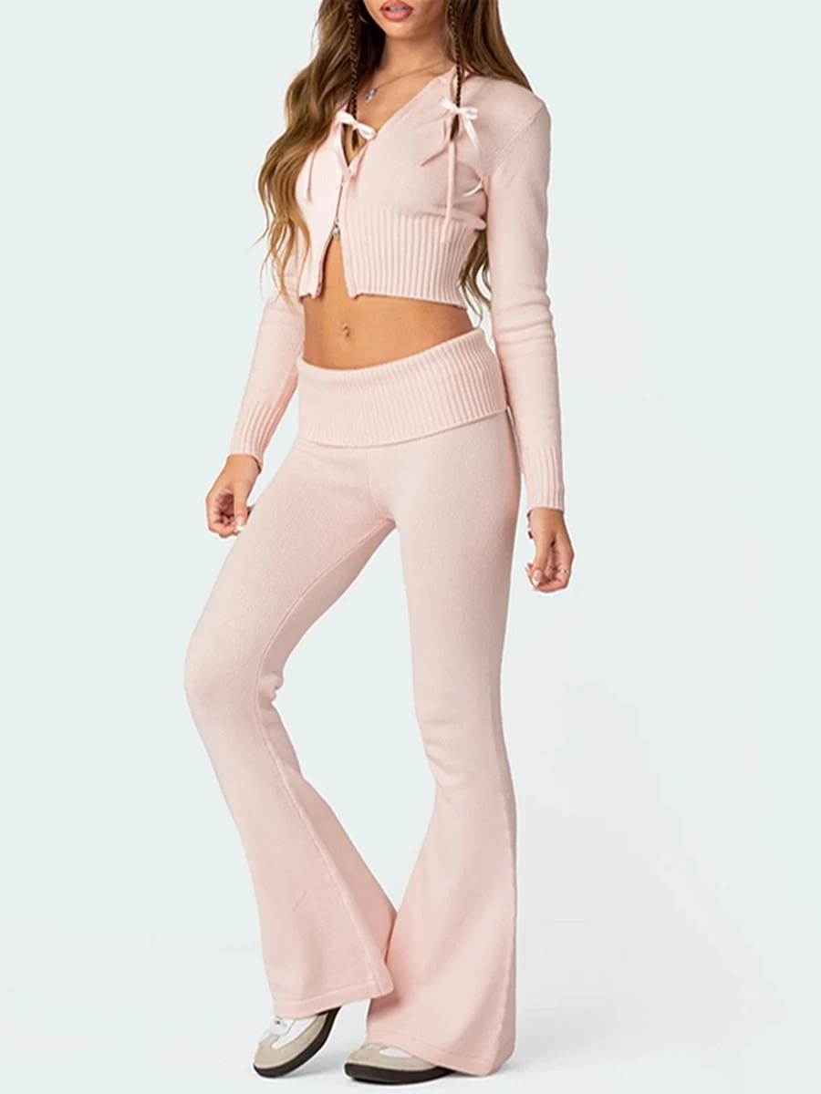 New Womens Two Piece Outfits Set Long Sleeve Zip Up Cropped Hoodie And Bootcut Pants Set Loungewear Skin Friendly Hot Sale