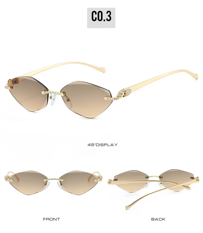 Neue Ins-Famous randlose Cat-Eye-Sonnenbrille – dünner Goldmetallrahmen mit Strasssteinen, UV-Schutz, trendige Farbtöne – Detail 9