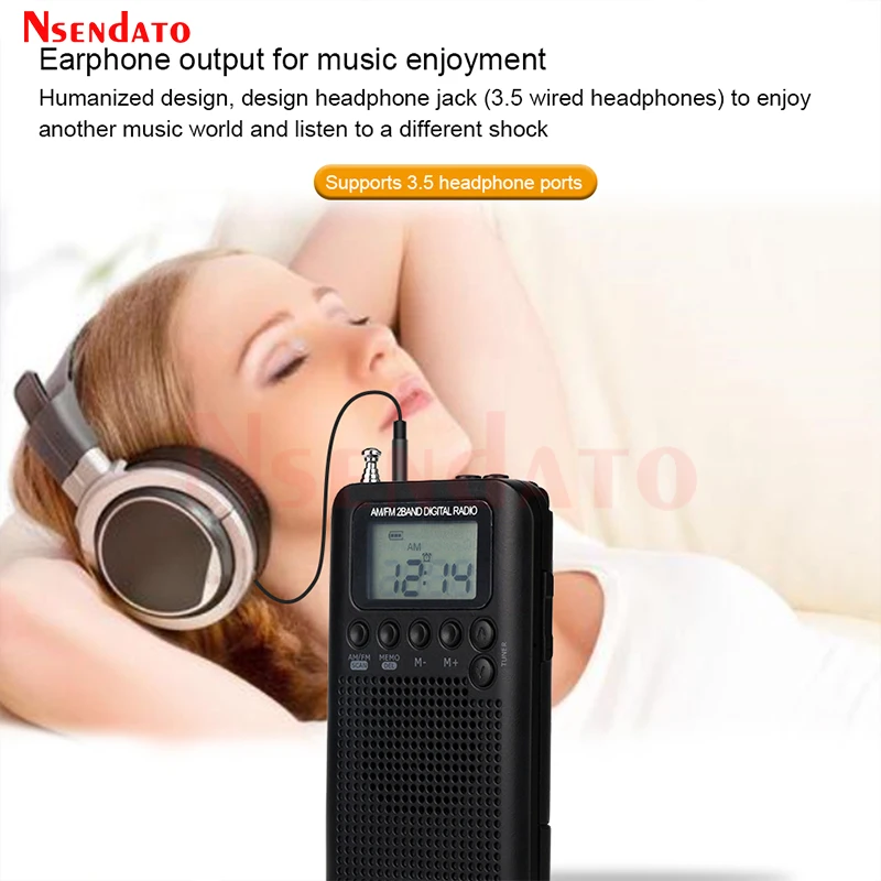 HRD 104 포켓 AM FM 미니 디지털 스테레오 라디오, LCD 디스플레이, 라우드스피커, 휴대용 2밴드 충전식 MP3 음악 라디오 플레이어