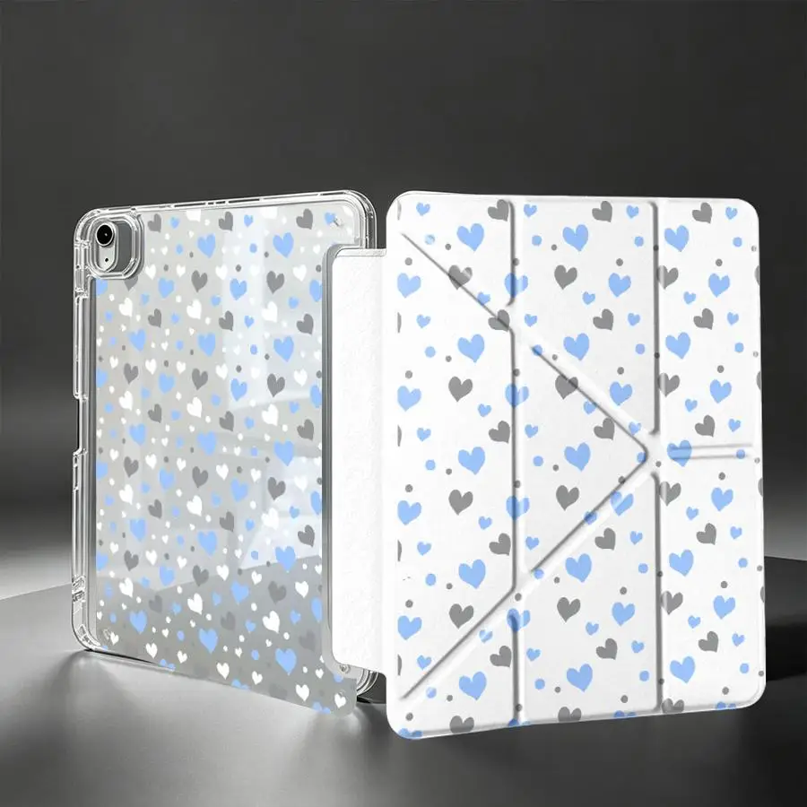 Tablet Case For Samsung Galaxy Tab A9 Plus A11 S8 S9 Plus A8 S10 Lite S7 FE With Pen Slot Cover Light Blue Grey Heart Print