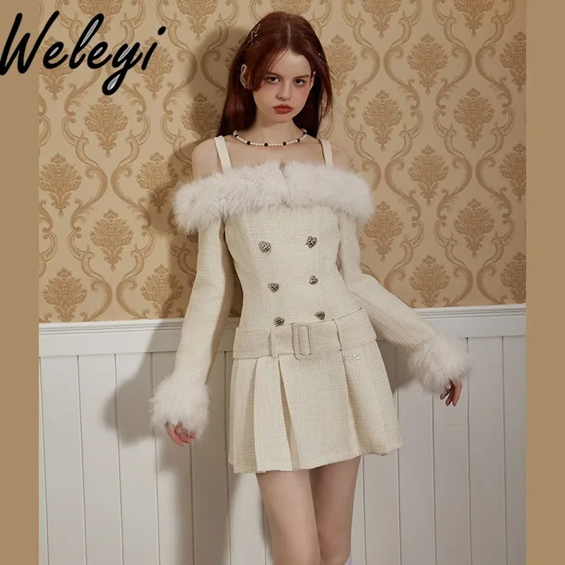 White Small Fragrant Wind Suspender Dresses for Women Autumn and Winter Streetwear New Fur Collar A Shaped Slim Pleated Kleider