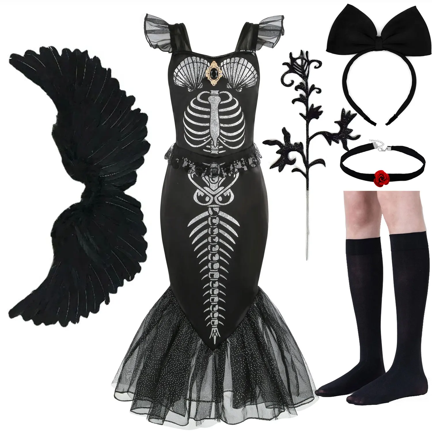 

2024 New Girls Ariel Princess The Little Mermaid Tails black Dress Cosplay Vestidos Party Children Halloween Clothes Role Play