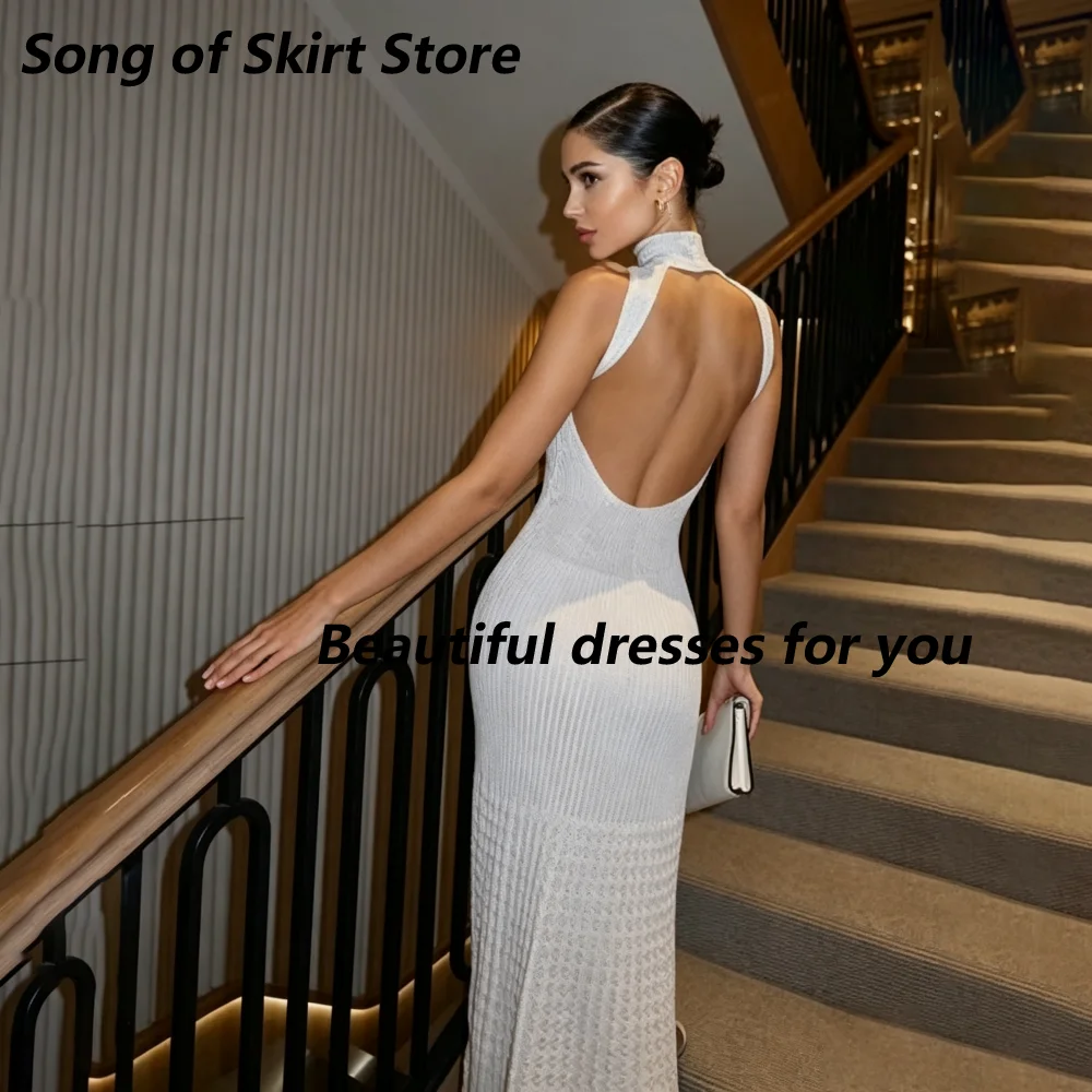 Customized White Mermaid Mother Of The Bride Gown  Sleeveless High Neck Hollow Knit Low Open Back Flared Hem Wedding Dress