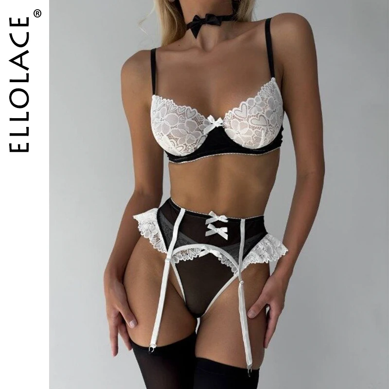 Ellolace roupa de empregada lingerie meia de renda roupa interior cutey bowknot calcinha com bolas de cabelo ver através sensual fantasia conjuntos exóticos