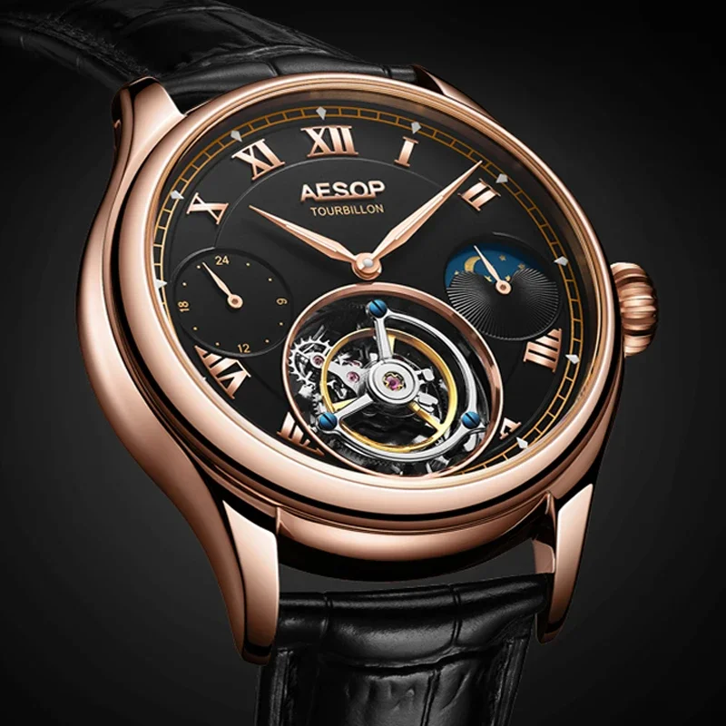 AESOP Real Flying Tourbillon Men's Mechanical WristWatches Male Leather Gold Moon Phase Skeleton Watch Luxury Sapphire Clock Kit