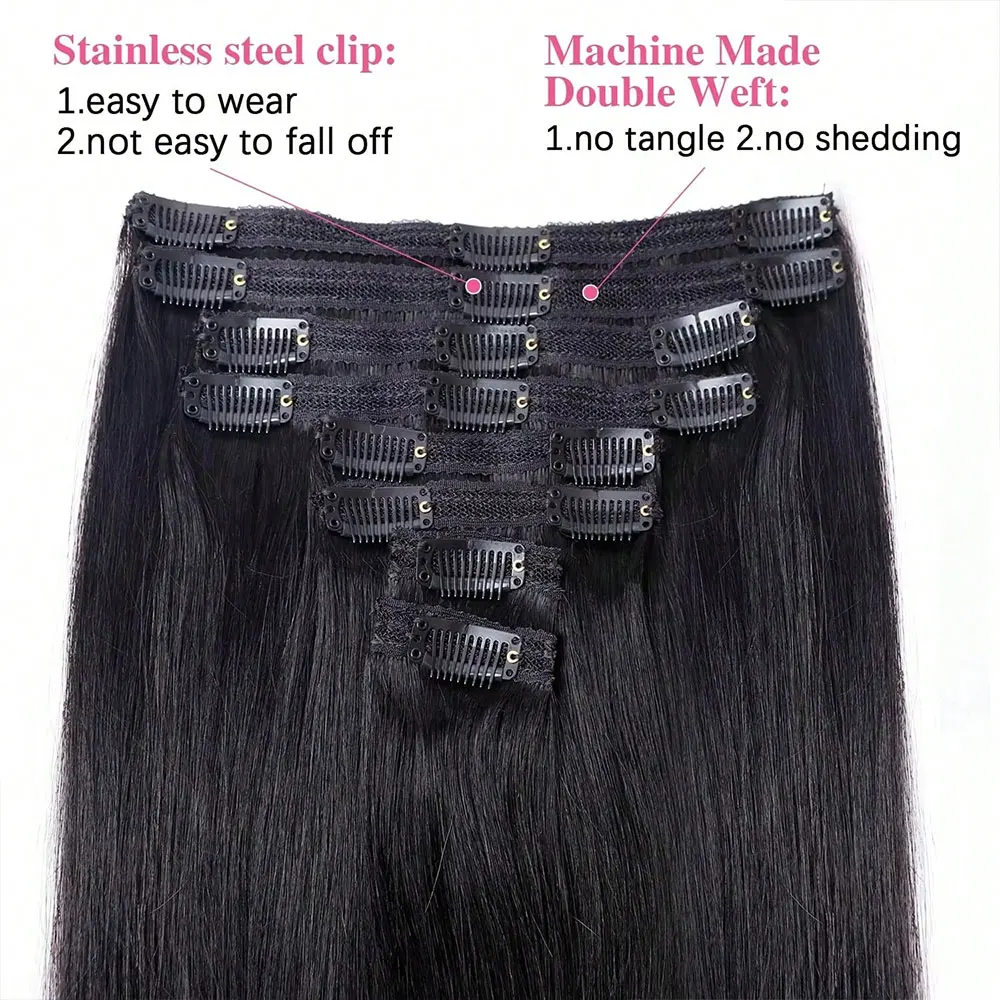 클립 인 헤어 익스텐션 8피스 인간 모발 브라질 스트레이트 클립 인 내추럴 블랙 컬러 여성용 다양한 사이즈 제공