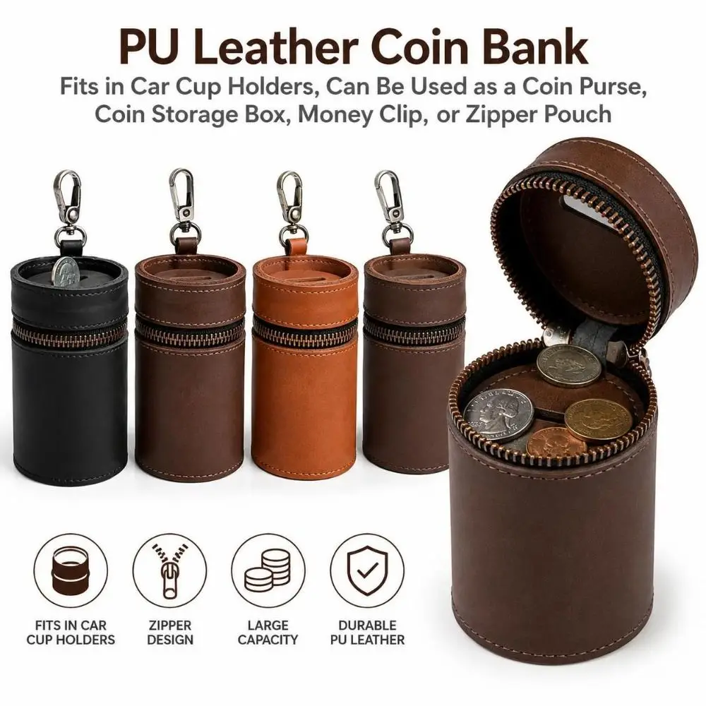 PU Leather Coin Bank Vintage Style Round Cylinder Shape Coin Storage Pouch Zipper Closure Coin Slot Keychain Coin Holder