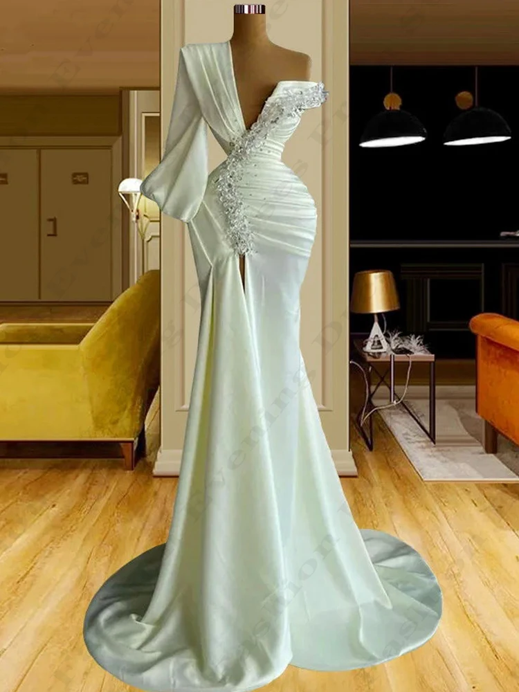 Elegante wunderschöne Satin Abendkleider sexy Mode rücken frei Vintage One Shoulder Sleeve Meerjungfrau abnehmen Wischen Ballkleider