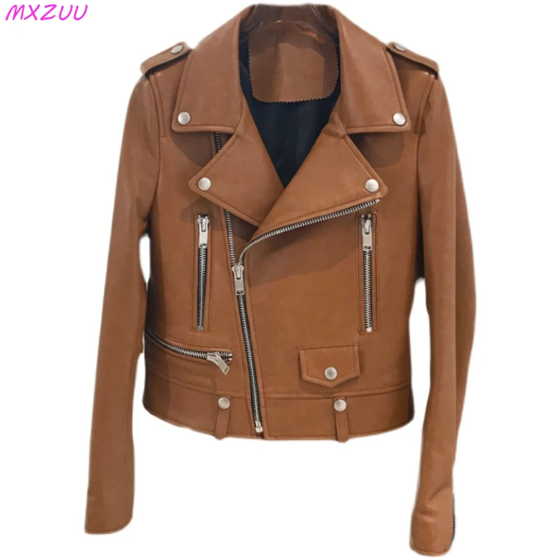 Branco jaqueta de couro genuíno para mulher pele de carneiro curto locomotiva bonito kurtki primavera all-match fino chique blouson cuir femme