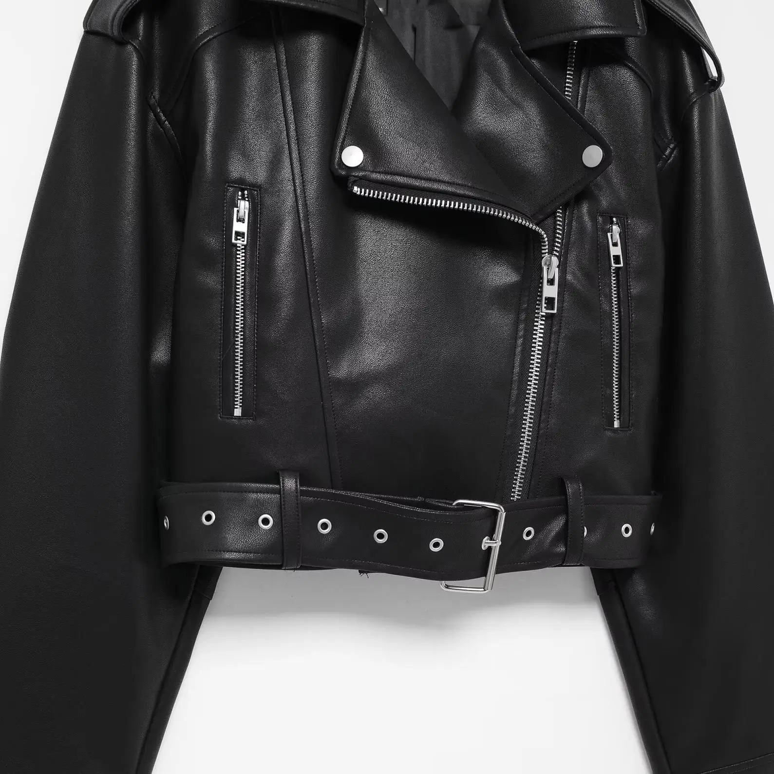 JNLEAOG Autunno delle nuove donne in pelle PU con cintura ort Jaet cappotto da motociclista in finta pelle Street Sle Long Sve fibra di poliestere