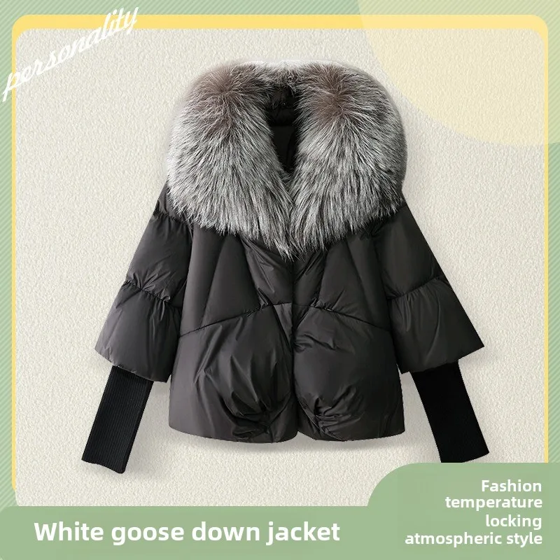 

Winter new women's down jacket short silver fox fur collar 90 white goose down bread jacket