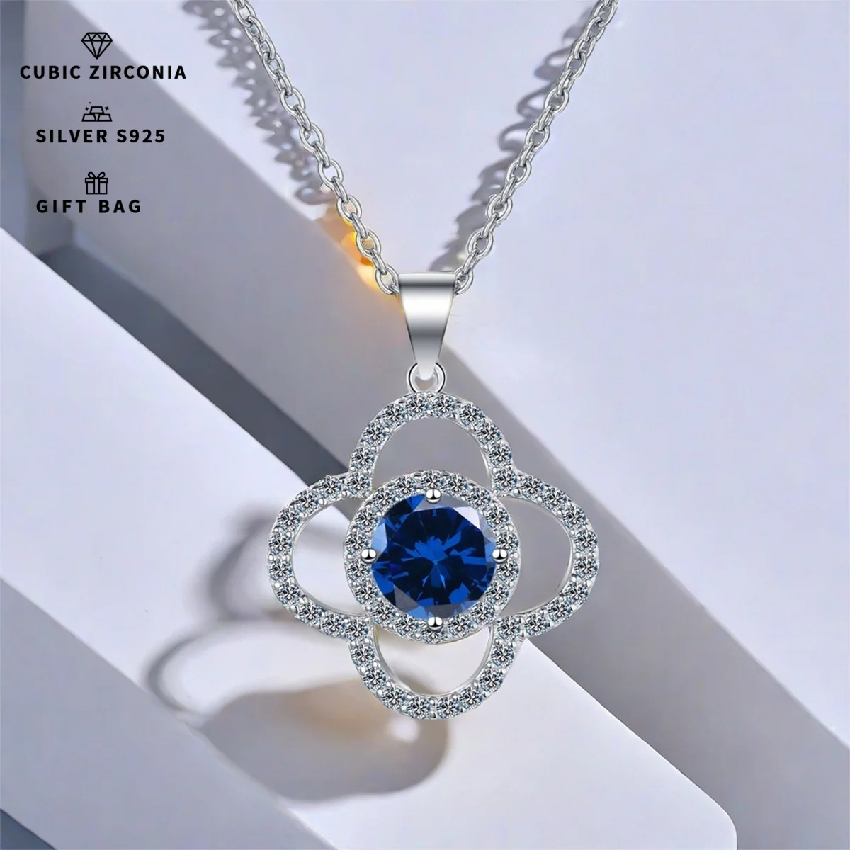 S925 silver Platinum plating inlaid with Tanzanite blue zircon Four-Leaf Clover round pendant,clavicle chain necklace women