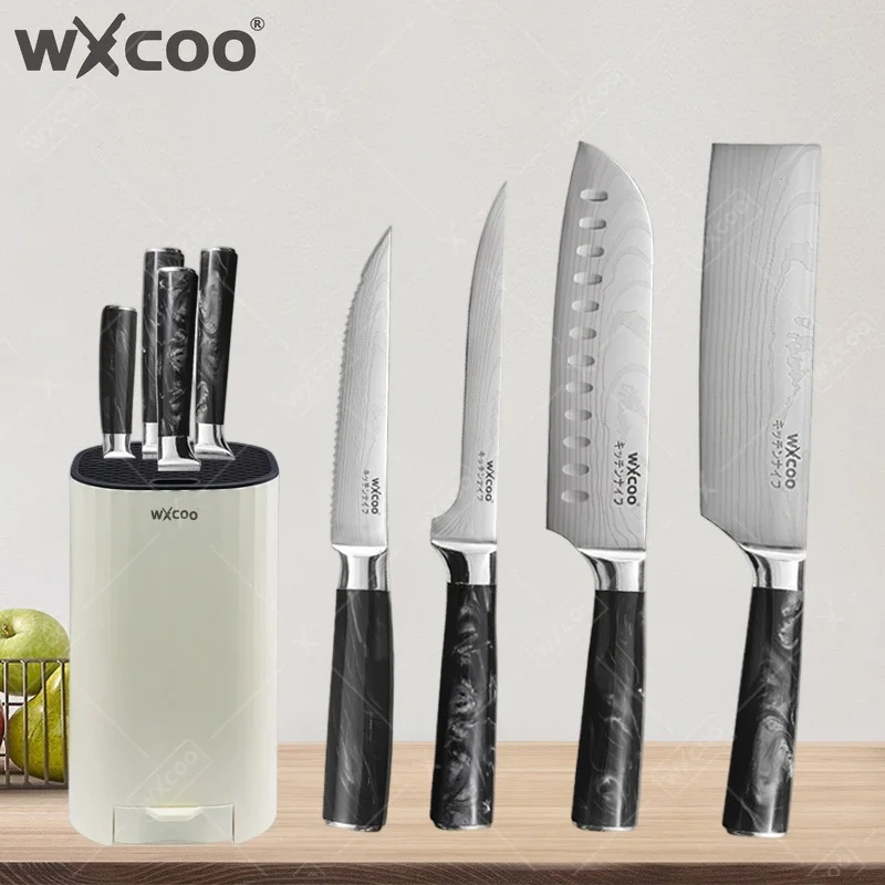 WXCOO Professional Damascus Laser Kitchen Knives with Holder