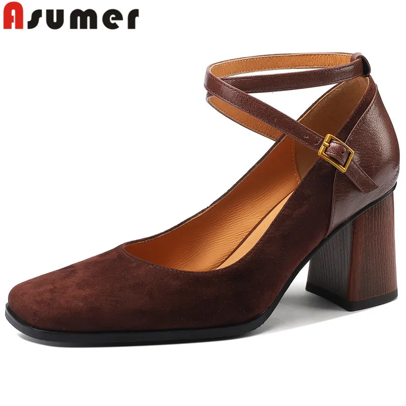 

ASUMER 2024 New Sheepskin Mary Janes Shoes Woman Solid Thick High Heels Pumps Buckle Retro Ladies Dress Shoes