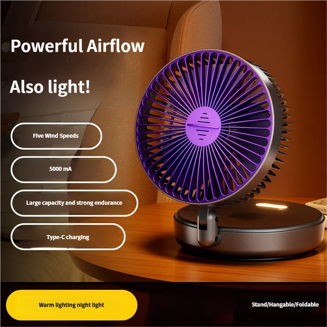 5000mAh Foldable Glow-in-the-Dark Fan Wall Mount Portable Quiet High-Speed Air Circulation Fan for Students Office Desk Fan 5