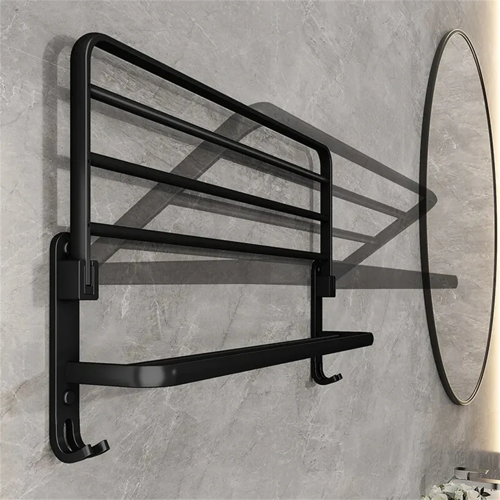 40-60CM Wall-Mounted Bathroom Black Storage Rack Foldable Hook Towel Rack Bathroom Storage Belongs To Bathroom Facilities