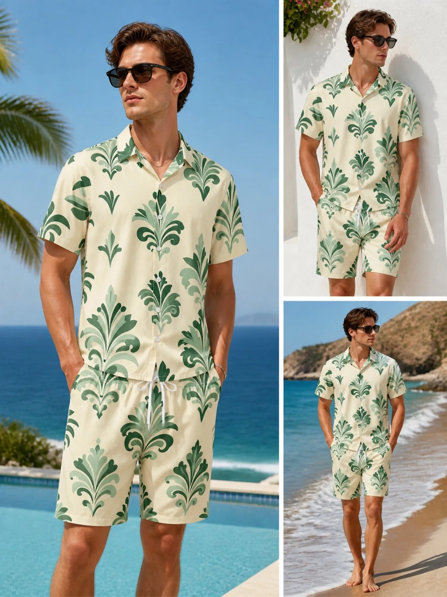 Mens Floral Short Sleeve Shirt and Drawstring Shorts Set Beach Vacation Matching Summer Two Piece Weekend Beach Outfit Beachwear